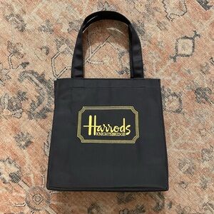 Harrods Black Nylon Tote Bag London Shopping Bag 10x10 Gold Logo